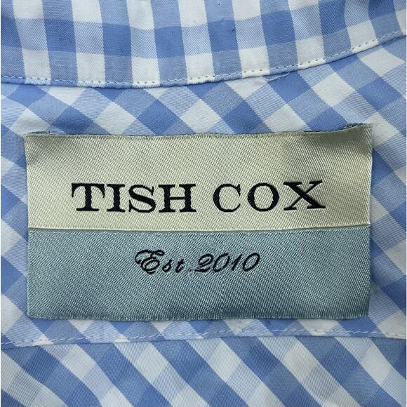 Tish Cox Checked Blue White Print Cotton Midi Shirt Dress Drop Waist Size Large - Picture 7 of 9